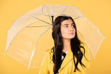 beautiful pensive woman posing with transparent umbrella, isolated on yellow clipart