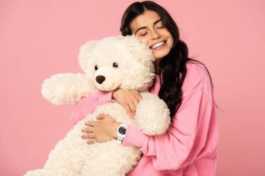 güzel gülümseyen kız oyuncak ayı sarılma, Izole Pembe Açık