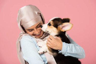 türban neşeli arap kız galce Corgi köpek yavrusu tutan, pembe izole