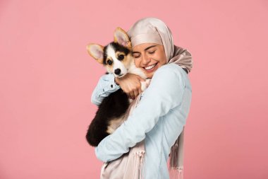 sevimli Corgi köpek yavrusu tutan hijab mutlu müslüman kadın, pembe izole