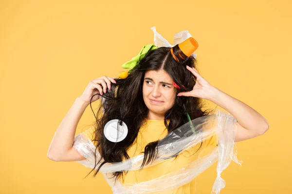 Frustrated Woman Trash Hair Isolated Yellow — Stock Photo, Image