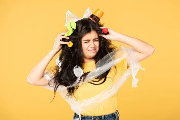 Emotional Young Woman Rubbish Hair Isolated Yellow — Stock Photo, Image