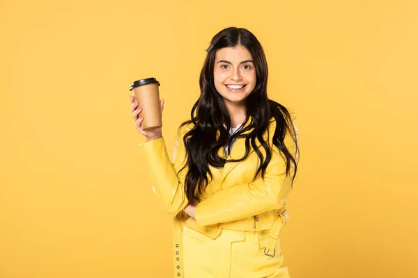 Beautiful Smiling Girl Coffee Isolated Yellow — Stock Photo, Image