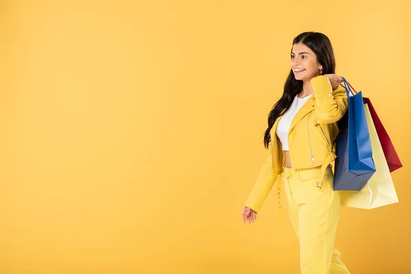 Smiling Woman Shopping Bags Isolated Yellow — Stock Photo, Image