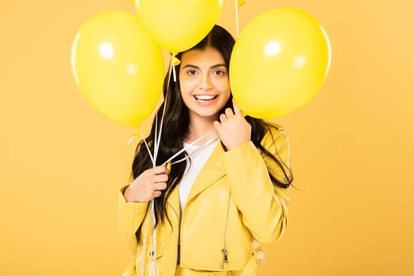 Brunette Woman Holding Yellow Balloons Isolated Yellow — Stock Photo, Image