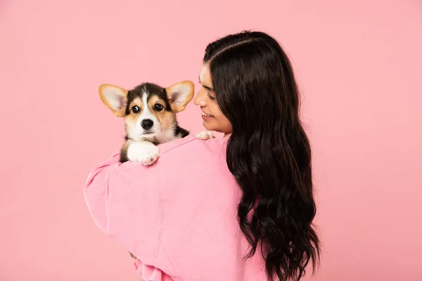 Feliz Joven Mujer Sosteniendo Galés Corgi Cachorro Aislado Rosa — Foto de Stock