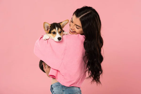 Smiling Woman Holding Cute Corgi Puppy Isolated Pink — Stock Photo, Image