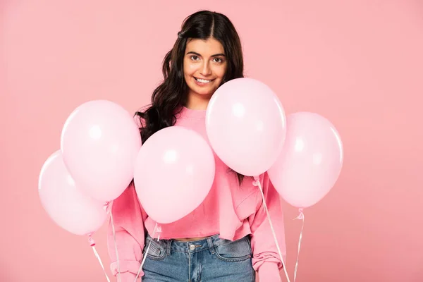 Brunette Young Woman Holding Pink Balloons Isolated Pink — Stock Photo, Image
