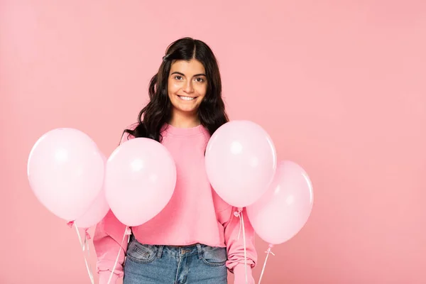 Beautiful Smiling Woman Holding Pink Balloons Isolated Pink — Stock Photo, Image
