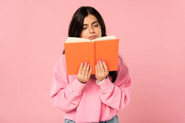 Beautiful Female Student Reading Book Isolated Pink — Stock Photo, Image