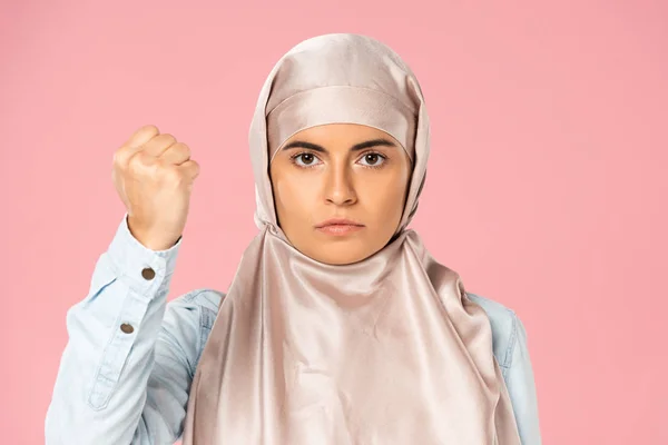 Serious Muslim Woman Hijab Showing Fist Isolated Pink — Stock Photo, Image