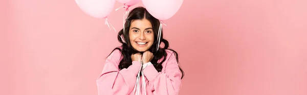 Excited Brunette Woman Holding Pink Balloons Isolated Pink — Stock Photo, Image