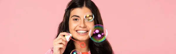 Cheerful Young Woman Blowing Soap Bubbles Isolated Pink — Stock Photo, Image