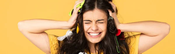 Frustrated Girl Rubbish Hair Isolated Yellow — Stock Photo, Image
