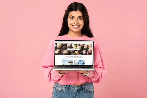 Kyiv Ukraine July 2019 Smiling Girl Holding Laptop Depositphotos Website — Stock Photo, Image