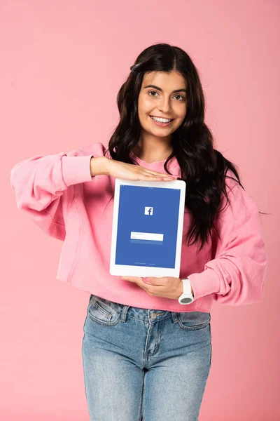 Kyiv Ukraine July 2019 Smiling Girl Holding Digital Tablet Facebook — Stock Photo, Image