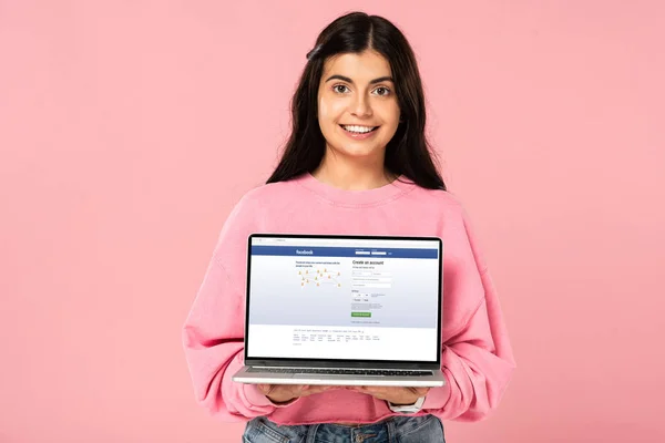 Kyiv Ukraine July 2019 Smiling Girl Holding Laptop Facebook Website — Stock Photo, Image