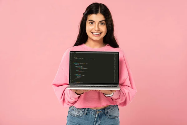 Kyiv Ukraine July 2019 Smiling Girl Holding Laptop Html Screen — Stock Photo, Image