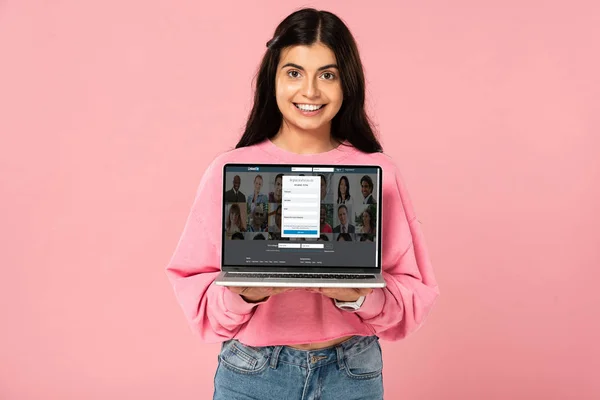 Kyiv Ukraine July 2019 Smiling Girl Holding Laptop Linkedin Website — Stock Photo, Image