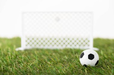 Futbol topunun ve yeşil alandaki futbol kapılarının seçici odak noktası beyaz, spor bahisleri konsepti