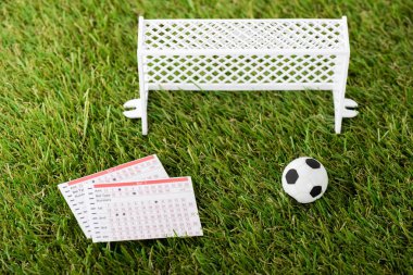 Oyuncak futbol topu minyatür futbol kapılarının yanında ve yeşil çimenler üzerine bahis listeleri, spor bahisleri konsepti
