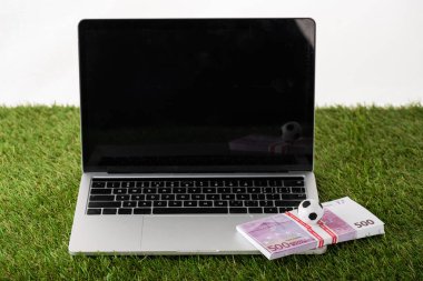 Oyuncak futbol topu ve avroluk banknotlar dizüstü bilgisayarda boş ekran beyaz çimlerde izole edilmiş spor bahisleri konsepti