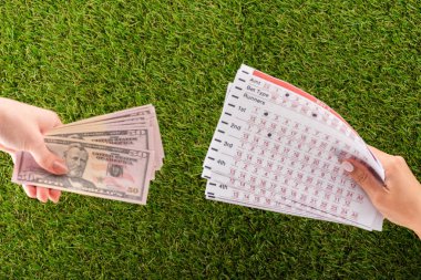 Dolar banknotları ve yeşil çimenler üzerine bahis listeleri olan kadın ellerine kısmi bakış, spor bahisleri konsepti