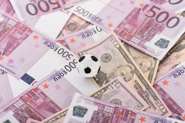 Top View Toy Soccer Ball Euro Dollar Banknotes Sports Betting — Stock Photo, Image