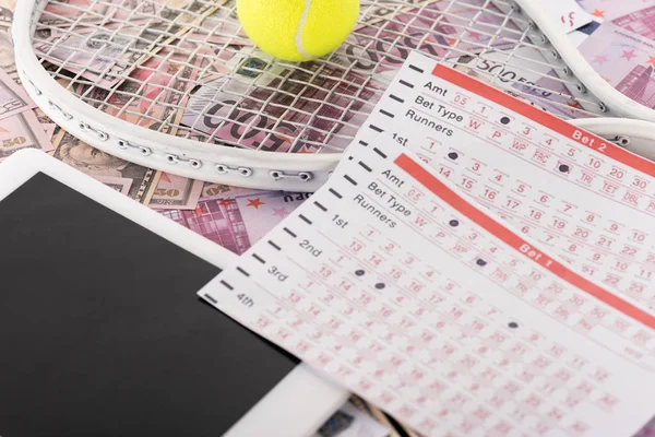 Digital Tablet Betting Lists Tennis Racket Ball Euro Dollar Banknotes — Stock Photo, Image