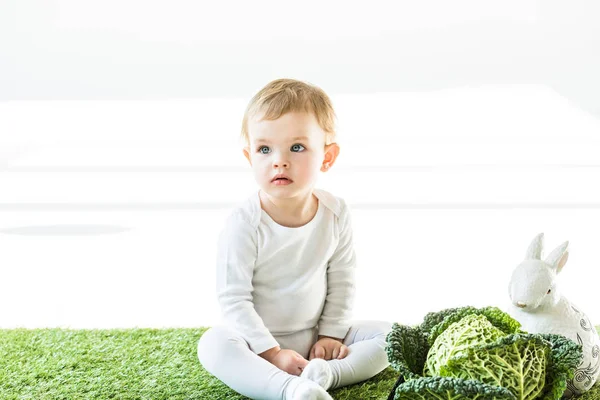 Adorabile bambino seduto vicino verza e coniglio decorativo su bianco — Foto stock