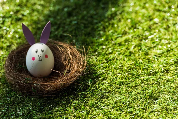 Куряче яйце зі смішним обличчям кролика і паперовими вухами в гнізді на зеленій траві — стокове фото