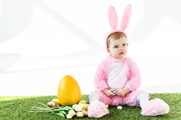 Carino bambino in costume divertente coniglietto seduto vicino uova di pollo colorate, tulipani e uovo di struzzo giallo isolato su bianco — Foto stock