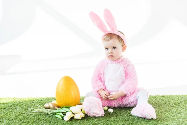 Entzückendes Kind im lustigen Hasenkostüm sitzt neben gelben Straußeneiern, bunten Ostereiern und Tulpen isoliert auf weißem Grund — Stockfoto