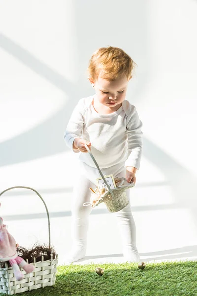 Adorabile bambino tenendo cesto di paglia mentre in piedi su erba verde alla luce del sole — Foto stock