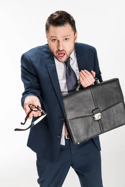 Chubby businessman in formal wear gesturing and looking at camera isolated on white — Stock Photo