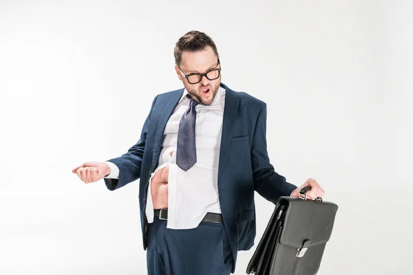 Overweight businessman in tight formal wear and glasses holding briefcase on white — Stock Photo