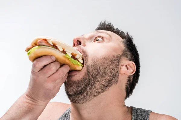 Close up view of overweight man in tank top eating hot dog isolated on white — Stock Photo