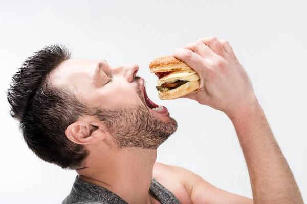 Боковой вид пухлого бородатого человека, поедающего вкусный бургер, изолированный на белом — стоковое фото