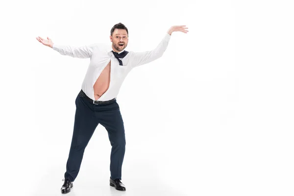 Homem com sobrepeso em apertado desgaste formal gesto e sorrindo isolado em branco com espaço de cópia — Fotografia de Stock