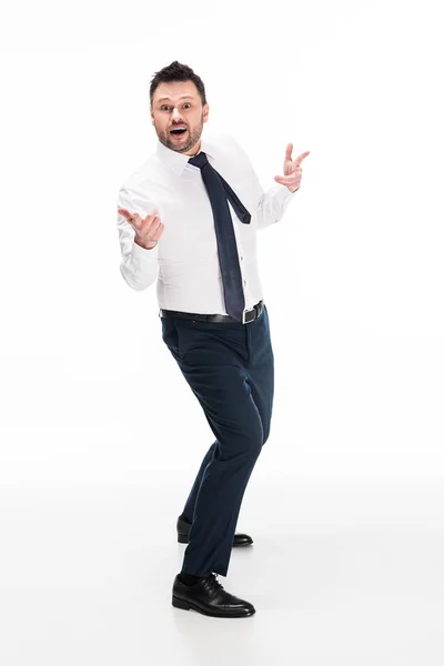 Excited chubby man in formal wear gesturing with hands and looking at camera isolated on white — Stock Photo