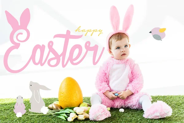 Cute baby in bunny costume sitting near colorful chicken eggs, tulips and yellow ostrich egg with happy Easter lettering and rabbits illustration — Stock Photo