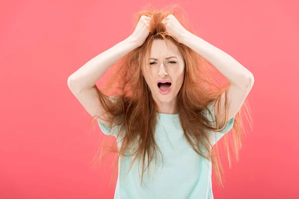 Angry redhead woman touching tangled hair and screaming isolated on pink — Stock Photo