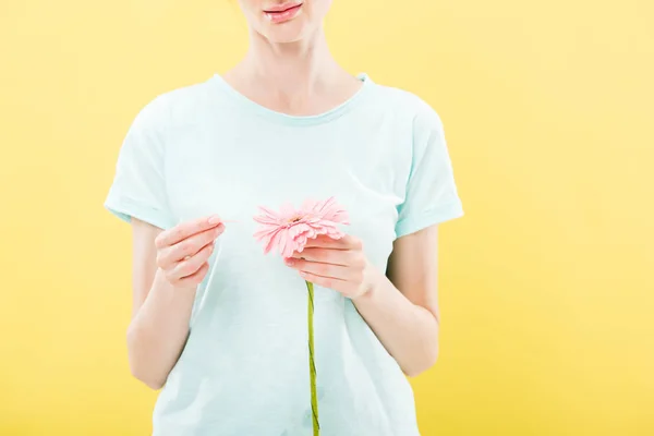 Abgeschnittene Ansicht einer jungen Frau im T-Shirt, die Blumen hält und Blütenblätter abreißt, isoliert auf gelb — Stockfoto