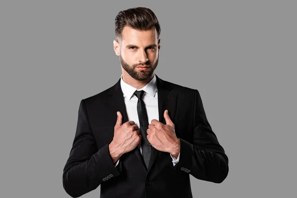 Guapo hombre de negocios con estilo en traje negro aislado en gris - foto de stock