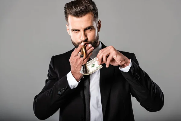 Rich businessman in black suit lighting up cigar from burning dollar banknote isolated on grey — Stock Photo