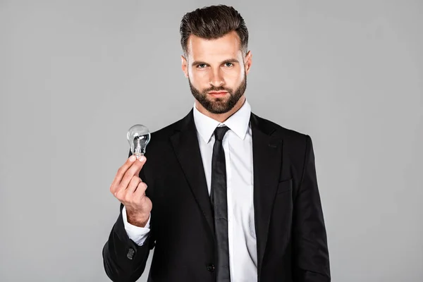 Successful businessman in black suit holding light bulb isolated on grey — Stock Photo