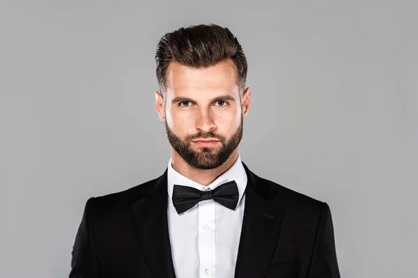 Hombre elegante en traje negro y pajarita aislada en gris - foto de stock