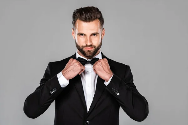 Elegant smiling man in black suit fixing bow tie isolated on grey — Stock Photo