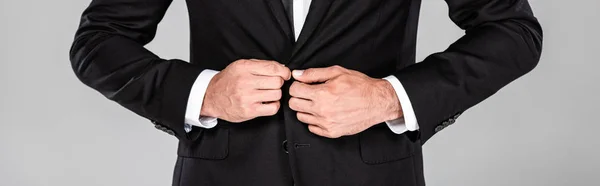 Vista recortada de hombre de negocios elegante en negro botón de sujeción del traje aislado en gris, tiro panorámico - foto de stock