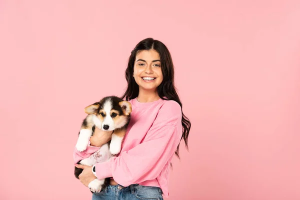 Smiling woman holding Welsh Corgi puppy, isolated on pink — Stock Photo